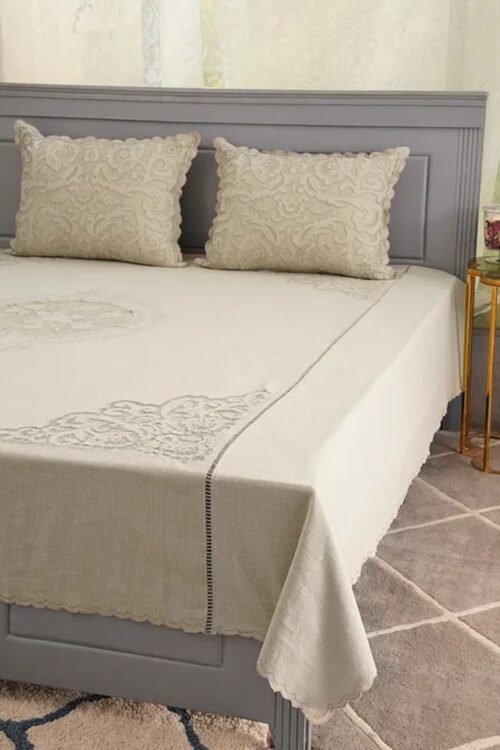 Beige Lucknawi Cutwork Bed Cover (Set of 3)