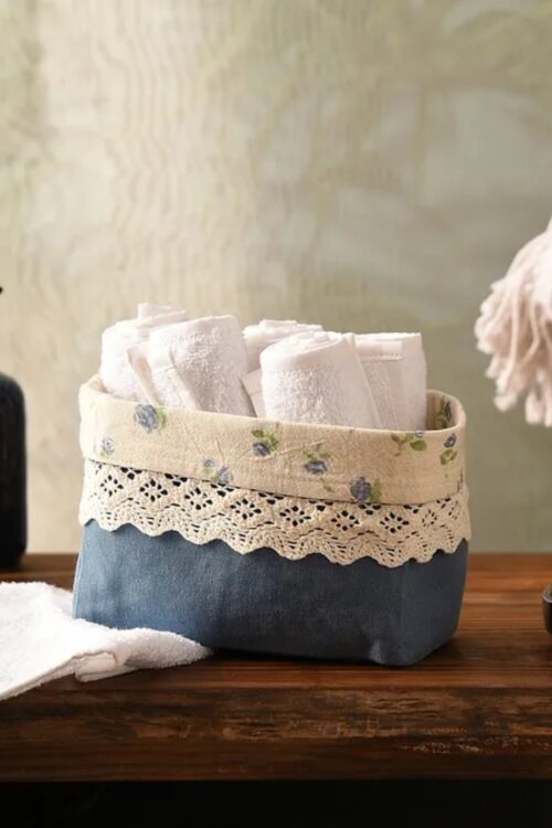 Blue Cotton Hand Towels with Basket (Set of 6)