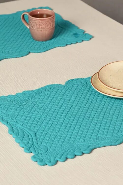 Turquoise Blue Solid Quilted Cotton Table Mats (Set of 2)