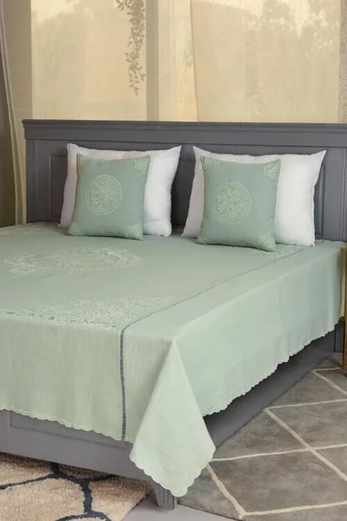 Green Lucknawi Cutwork Bed Cover (Set of 3)