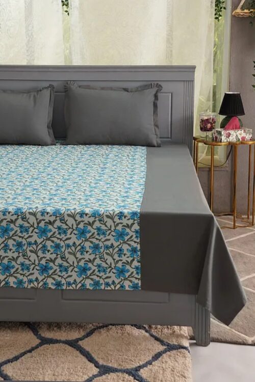 Grey Blue Floral Hand Block Printed Duck Cotton Bedcover with Pillow Covers (Set of 3)