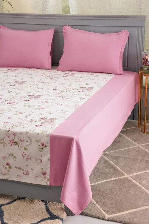 Pink Faded Rose Floral Screen Printed Duck Cotton Bedcover with Pillow Covers (Set of 3)