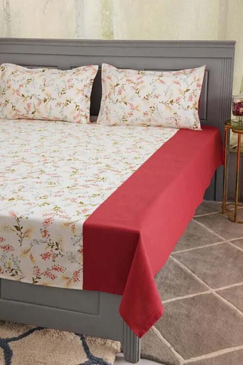 Red Floral Screen Printed Duck Cotton Bedcover with Pillow Covers (Set of 3)