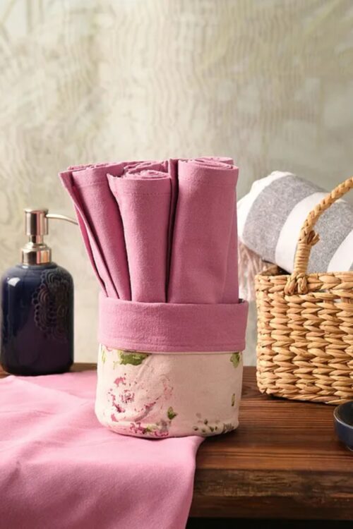 Pink Cotton Table Napkins with Basket (Set of 6)